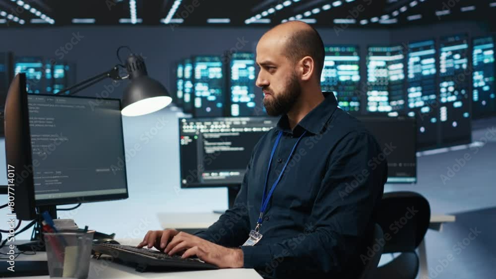 Poster engineer coding, working in network security data center facility hosting supercomputers, ensuring o