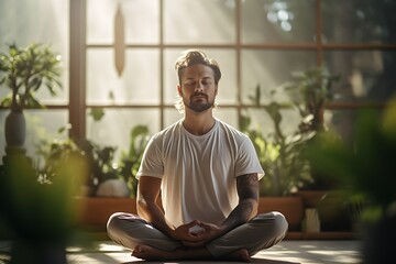 Man meditating in lotus pose while sitting in lotus position at home