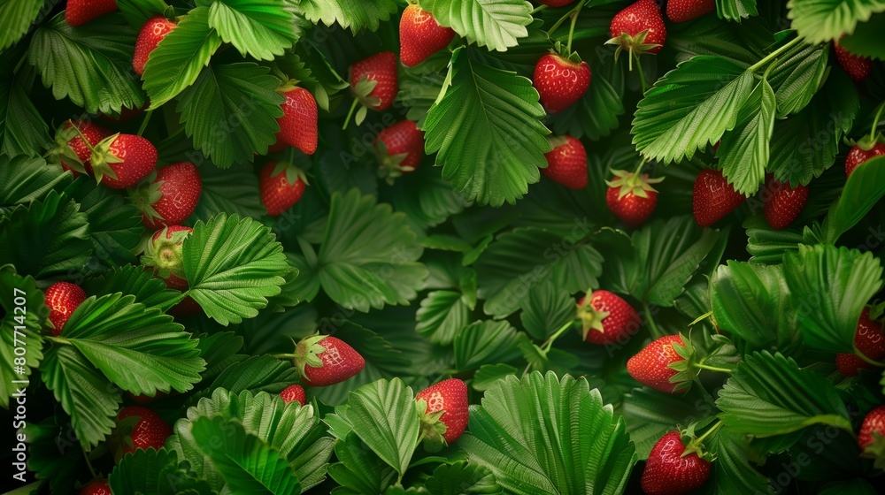 Sticker Vivid image of fresh strawberries nestled among lush green leaves.