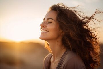 Generative AI illustration happy yoga person enjoying medication in natural wild conditions beautiful view