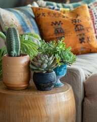 A beautiful living room in boho style with a coffee table, a sofa, and a potted cactus and succulent plants