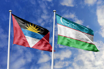 3d illustration. Antigua and Barbuda and Uzbekistan Flag waving in sky. High detailed waving flag. 3D render. Waving in sky. Flags fluttered in the cloudy sky.