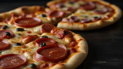 Close-up image of a pizza with salami, olives and a lot of cheese. Pizza on a black background.