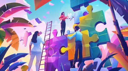 Cartoon team working together to set up abstract puzzle geometric shapes on a cartoon landing page. Recruiting, job research, modern web banner template for applicants.