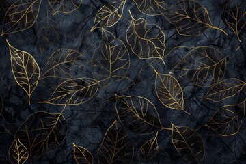 Elegant Wallpaper Design with Golden Leaves on Dark Blue Background
