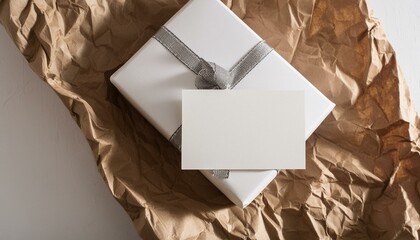 Square gift box mock up. White gift box with blank label or business card on wrapping paper. White background. View directly above.