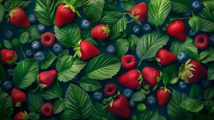 Vibrant top-view of strawberries, raspberries, and blueberries amidst lush green leaves.