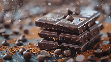 World Chocolate Day. Chocolates. Chocolate Bar,
Dark chocolate stack with chocolate flakes, powder and drops isolated on white surface

