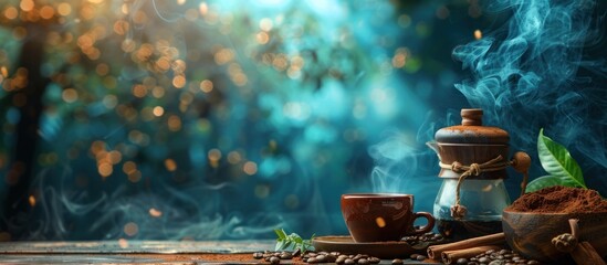 cezve with hot coffee with beans, cinnamon, nuts, leaves and coffee grinder. Concept of brewing warm coffee