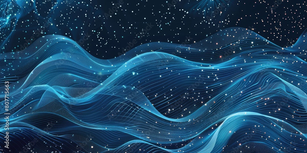 Poster blue and black background with a glowing blue wave pattern. aig51a.