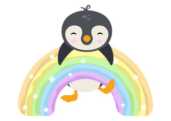 Cute penguin hanging on magic rainbow