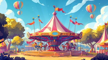 A carnival park with a circus tent, merry-go-round carousel, candy cotton booth, balloons, and a ticket kiosk. Festive fair, recreation attractions, cartoon modern illustration.