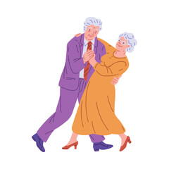Active senior couple dancing, vector happy elderly man and woman holding hands waltz tango dance perform, classic disco