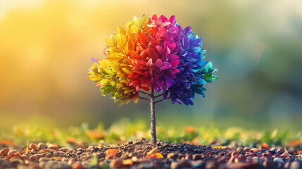 Metaphorical minimalist tree with diverse leaves of different shapes, sizes, and colors, symbolizing the beauty and strength of diversity in nature