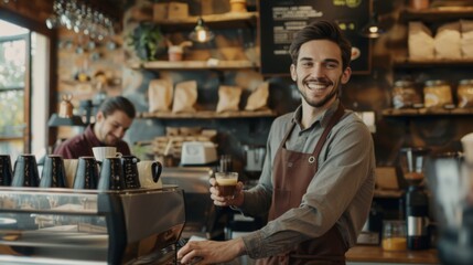 Smiling Barista Serving Coffee