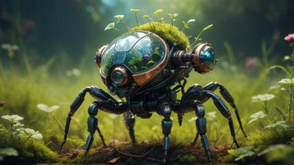 Fototapeta premium A close-up photo of a green beetle with shiny black wings perched on a leaf