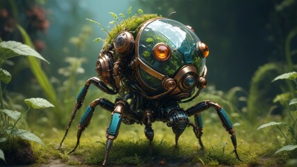 Fototapeta premium A close-up of a green grasshopper perched on a blade of grass in its natural habitat