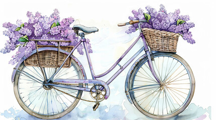 watercolor illustration of purple bike with lilac in the basket, spring time, vacation concept 