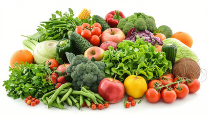 A pile of fresh fruits and vegetables, including apples, oranges, strawberries, green beans, coconuts, tomatoes, lettuce, cucumber, herbs, corn and various other colorful plants
