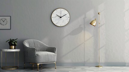 A TV lounge with a statement wall clock, a houndstooth armchair, and a brass floor lamp