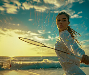 Caucasian woman badminton player on the beach at sunrise