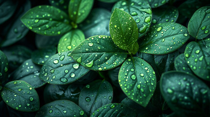 Wet dark green leaves background
