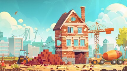 The construction of a house against the backdrop of a cityscape. Block suburb development. Modern illustration of a brick building with a roof, a pile of bricks, a worker's cottage, a concrete mixer,