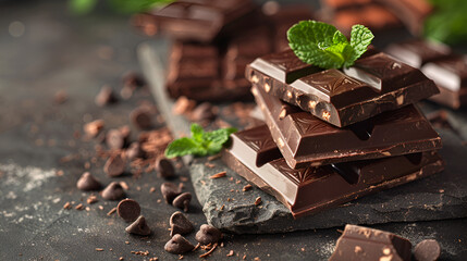Chocolate Pieces with Mint on Table Copy Sp,
Broken Chocolate Bar Milk Chocolate Pieces Cubes Small Bloks Pile Choco Segments Stack on Black Background