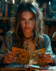Fototapeta premium Vertical poster. Beautiful young tanned white blonde gypsy woman with long hair at table with mystical metaphysical tarot cards in blue dress looks at camera in library. Fate. Magic fortune telling