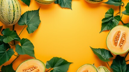 Bright summer-themed image with whole and cut cantaloupes, and lush green leaves on a vibrant yellow background.