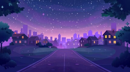 Modern illustration of cityscape, empty street, modern houses and skyscrapers on horizon. Cityscape with city skyline, road, and stars at night.