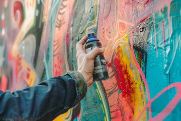 Obraz premium Graffiti artist holding spray can in hand and painting urban wall. Street artist in the process of work. Youth street culture