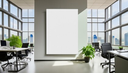 Blank poster on the wall in modern office interior; empty space for text