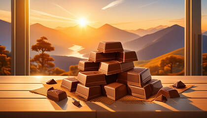 chocolate pieces perfect for wallpaper or card, golden hour lighting - Powered by Adobe