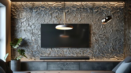 A TV lounge with a textured wallpaper feature wall, a low-hanging pendant light, and a sleek soundbar