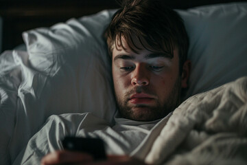 Fototapeta premium Generative AI illustration happy homey sleepy person lying in bed browsing laptop smartphone lazy morning evening