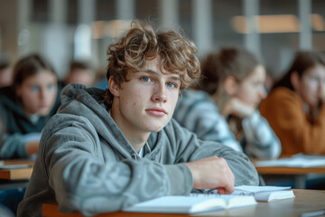 Concentrated young male student sits at desk and taking exam in school classroom