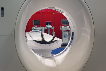 Zooming into magnetic resonance imaging (MRI) machine and other diagnostic equipment in the exhibition hall