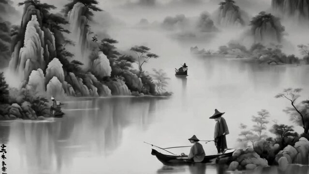 Pan across a traditional Chinese scroll painting depicting a tranquil scene of fishermen on a misty river