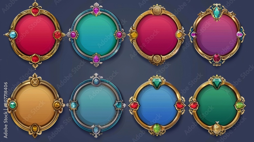Poster a set of rounded golden frames in medieval style to be used for game user interfaces. modern cartoon