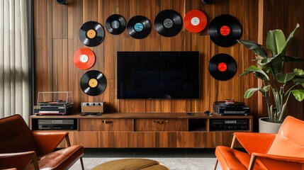 A TV lounge with a TV integrated into a custom-designed wooden feature wall, showcasing a collection of vintage vinyl records, with mid-century modern furniture