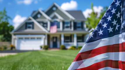 National USA flag with suburban American home in background. Symbol of patriotism