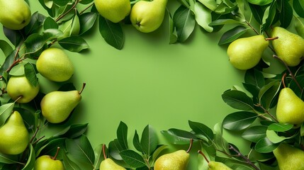 Fresh green pears with leaves on a vibrant green background, with ample copy space.