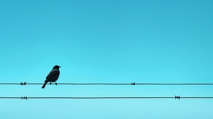 A lone bird perched on a wire against a clear blue sky.