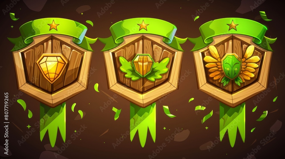 Poster the wooden badges of the game have the level number. the label has the level number printed in green