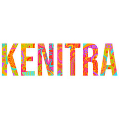 Kenitra moroccan city text design filled with colorful floral doodle pattern. Use for travel blogs, festivals, city events,posters,headline, card, logo, tshirt print, typography design