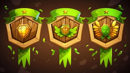 The wooden badges of the game have the level number. The label has the level number printed in green and the emblem has the achievement rank emblem. The modern cartoon set has a hexagonal shape with