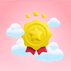 Vector cartoon 3d medal with star, red ribbons and clouds realistic icon. Trendy gold round wavy award, abstract winner badge sign. 3d render plastic quality certificate badge illustration.