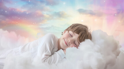 A woman laying comfortably on a fluffy cloud high up in the sky.