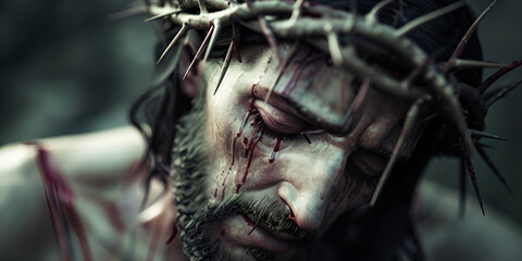Jesus wearing a crown of thorns, bloodied face. powerful depiction of  sacrifice.